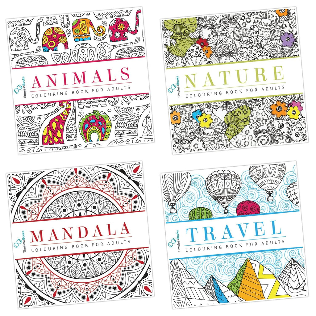 Pack of 4 Colouring Books for Adult with Tear Out Sheet - Animals, Nature, Mandala and Travel