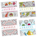 Pack of 4 Colouring Books for Adult with Tear Out Sheet - Animals, Nature, Mandala and Travel
