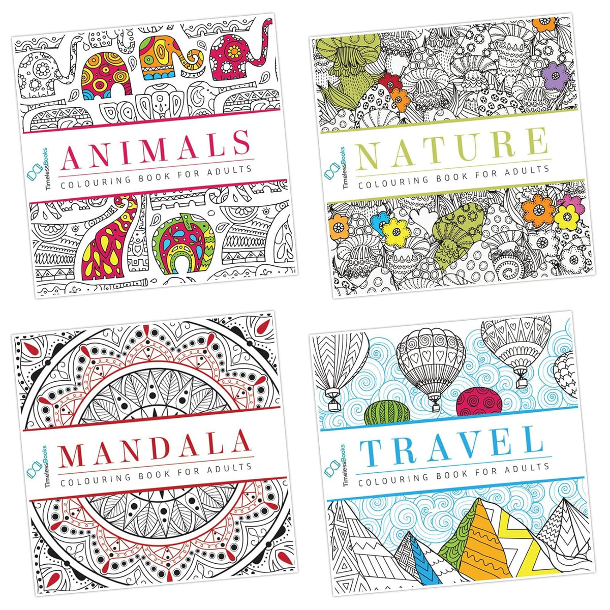 Pack of 4 Colouring Books for Adult with Tear Out Sheet - Animals, Nature, Mandala and Travel
